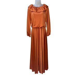 Vintage Handmade Gladys Burnt Orange Long Dress With Ruffle Collar & Elastic Cuf